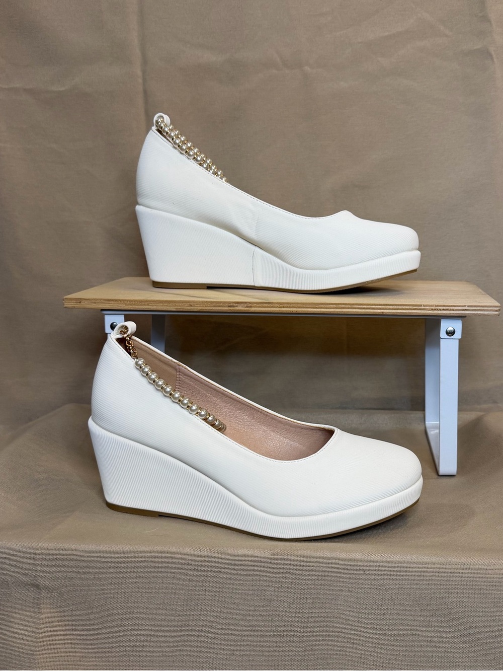 White Women’s Wedge Pumps with Pearl Accent